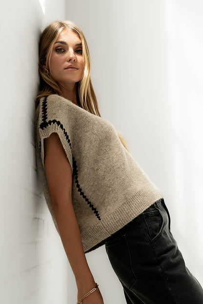 Hazel Embroidered Sweater Top in Oatmeal
