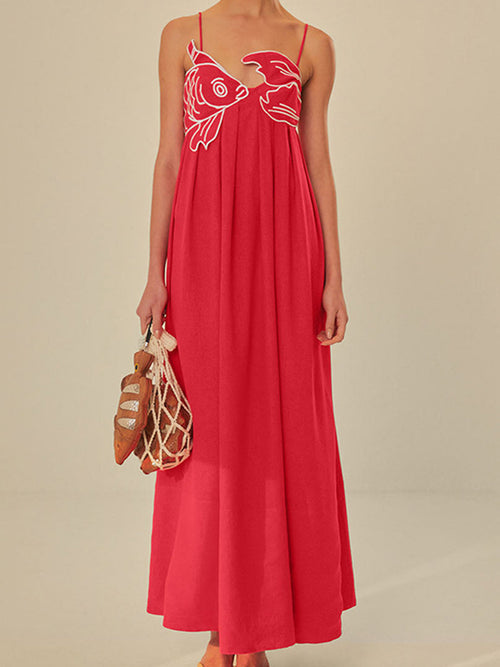 Embroidered Fish Semi-Sheer Cami Dress