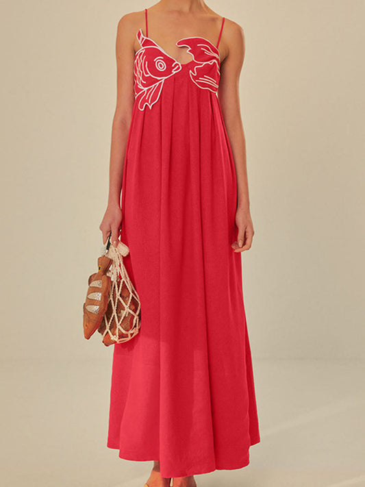 Embroidered Fish Semi-Sheer Cami Dress