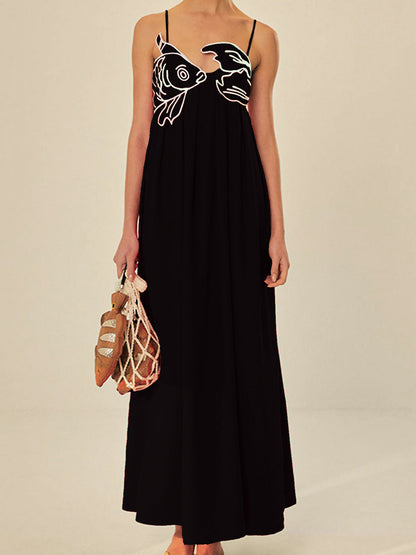 Embroidered Fish Semi-Sheer Cami Dress