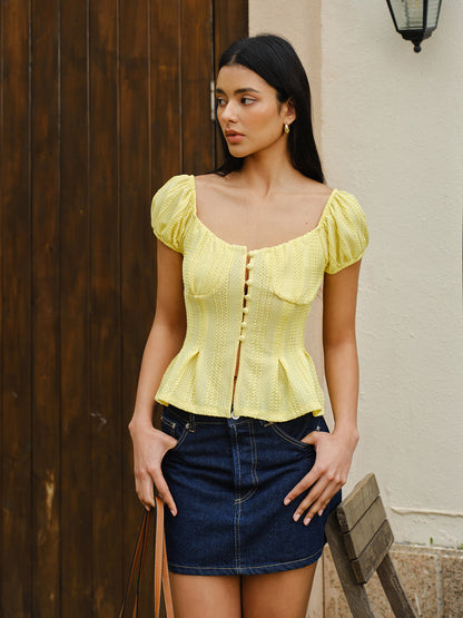 Puff Sleeve Button-Front Peplum Top