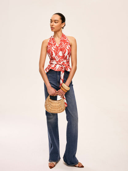 Floral Halter Neck Tie Waist Top
