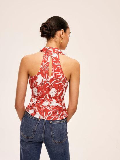 Floral Halter Neck Tie Waist Top