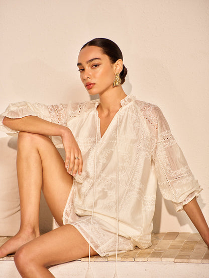 Embroidery Detail Long Sleeve Shorts Set