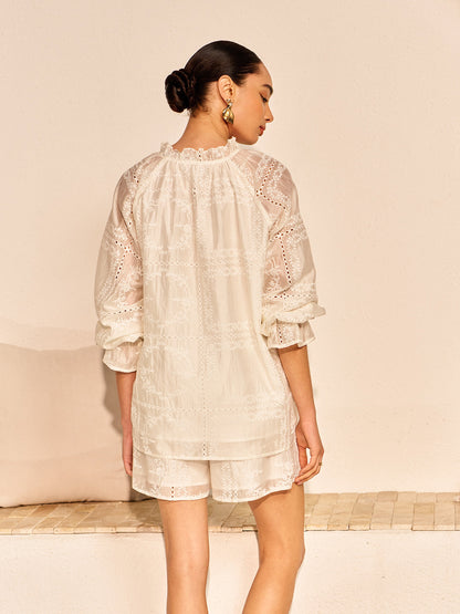 Embroidery Detail Long Sleeve Shorts Set