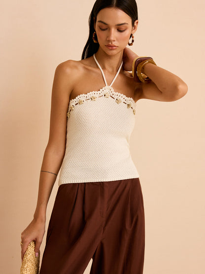 Crochet Halter Top with Floral Trim