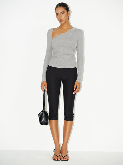 Asymmetric Neckline Ruched Long Sleeve Blouse