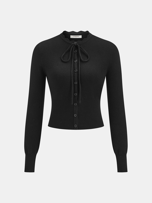 Tie Neck Button Fitted Cardigan