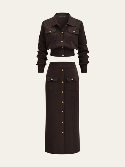 Metal Button Collared Cardigan and Midi Skirt Set