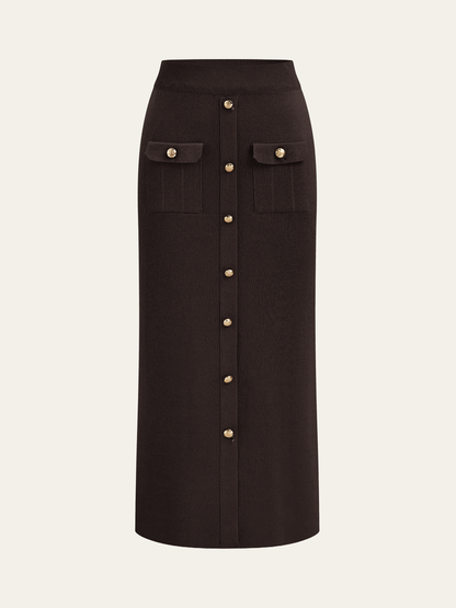 Metal Button Collared Cardigan and Midi Skirt Set