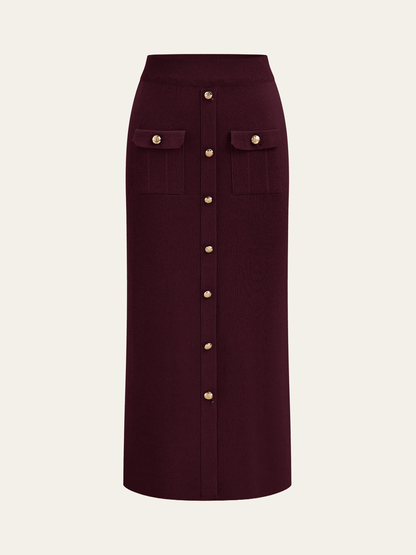 Metal Button Collared Cardigan and Midi Skirt Set