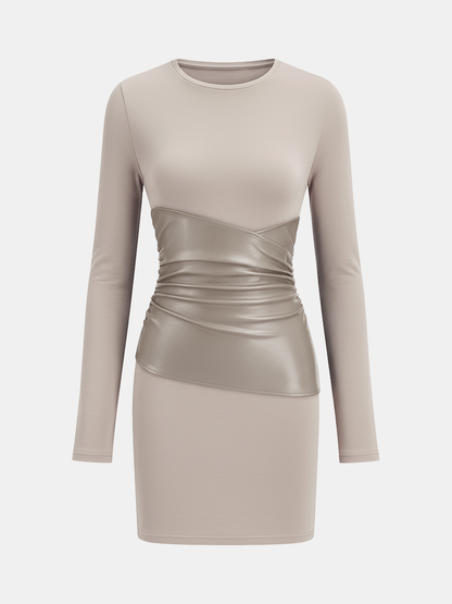 PU Leather Panel Long Sleeve Knit Dress