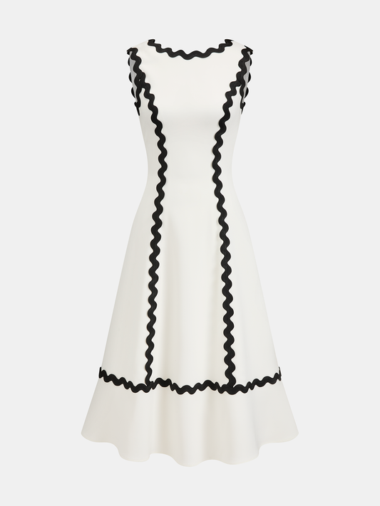 Contrast Scalloped Trim Sleeveless Midi Dress