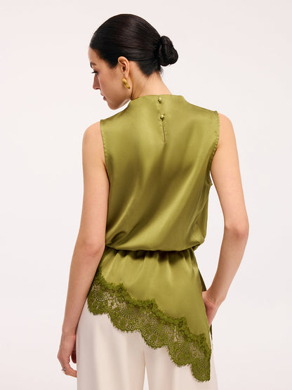 Lace Trim Satin Sleeveless Blouse