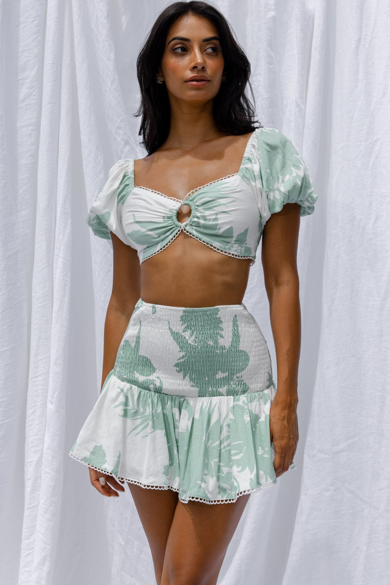 Escape With Me Shirred Mini Skirt Printed Sage