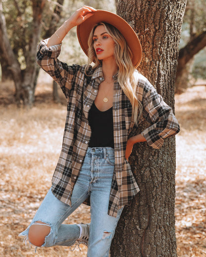 Crescent Moon Cotton Blend Plaid Button Down Top