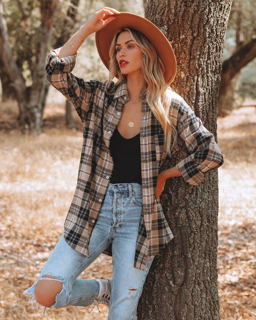 Crescent Moon Cotton Blend Plaid Button Down Top