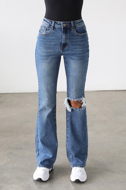 DOGMA High Rise Flare Leg Denim Jeans Dark Wash