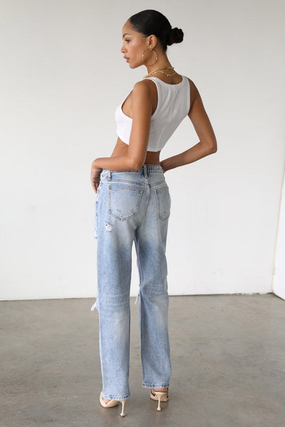 DOGMA High Rise Straight Leg Denim Jeans Distressed Light Wash