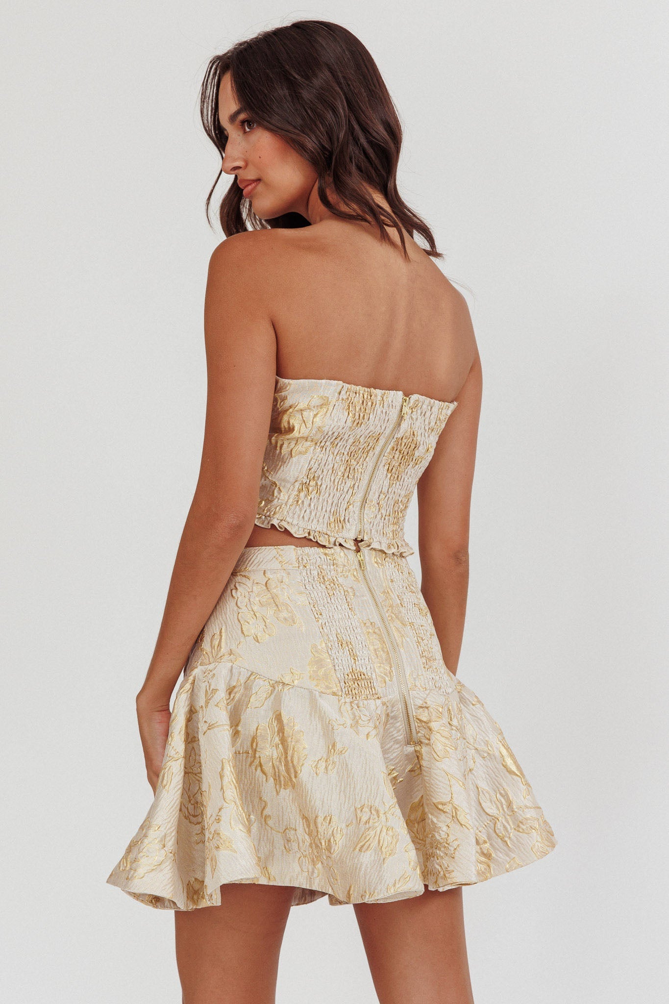Kamilla Jacquard Flared Mini Skirt Floral Gold