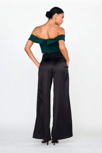 Lucky Stars Curved Waist Lace Trim Pants Black
