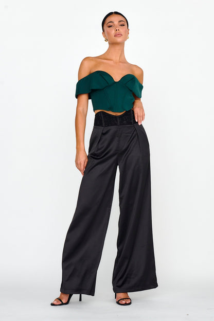 Lucky Stars Curved Waist Lace Trim Pants Black