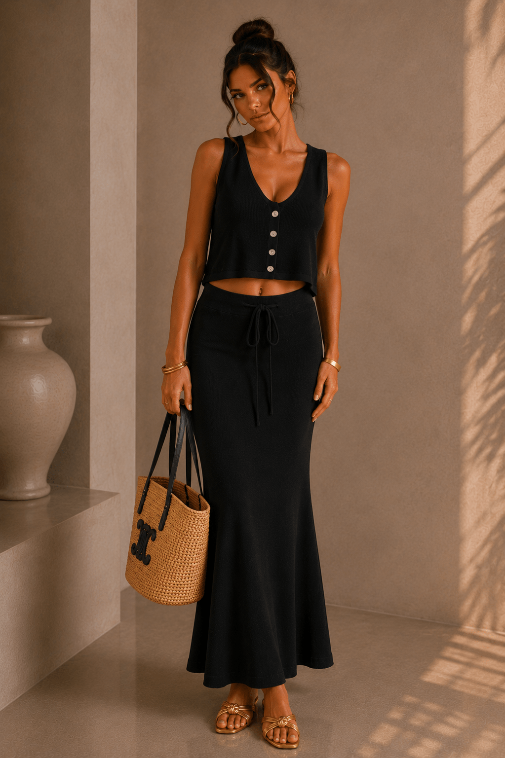 Black Drawstring Knit Maxi Skirt