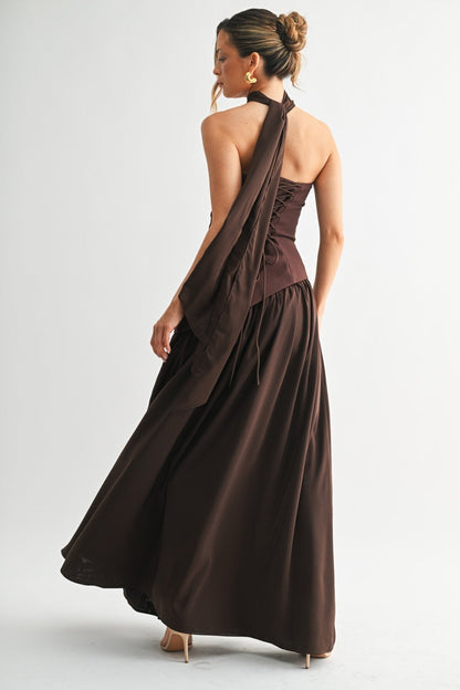Brown Parisian Lace-up Maxi Dress