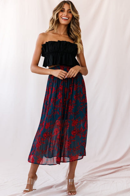 Caroline Accordion Pleat Midi Skirt Forest Green/Red