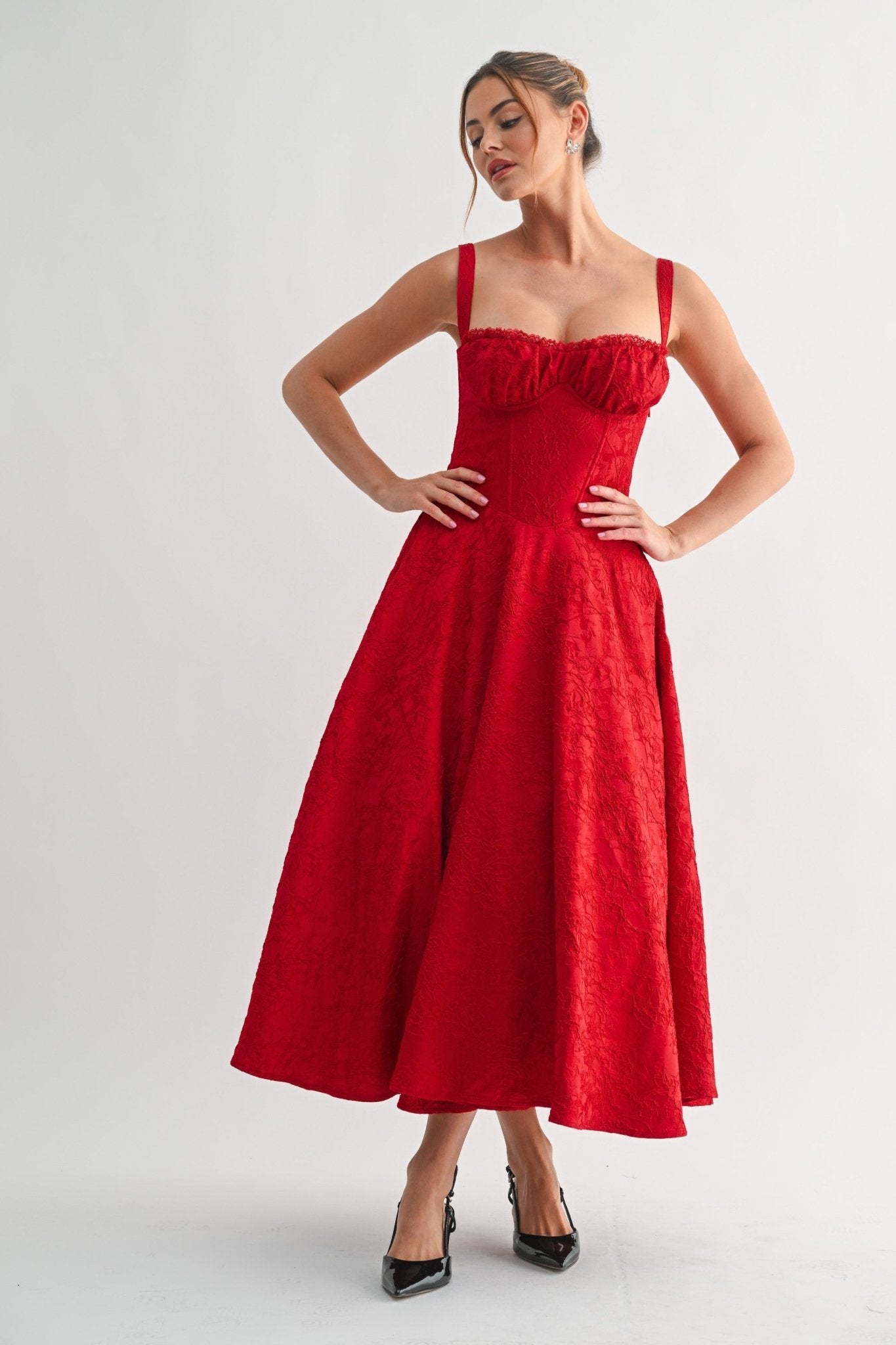 Red Fleur Corset Midi Dress