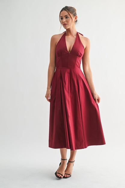 Burgundy Halter Manhattan Tie-back Midi Dress