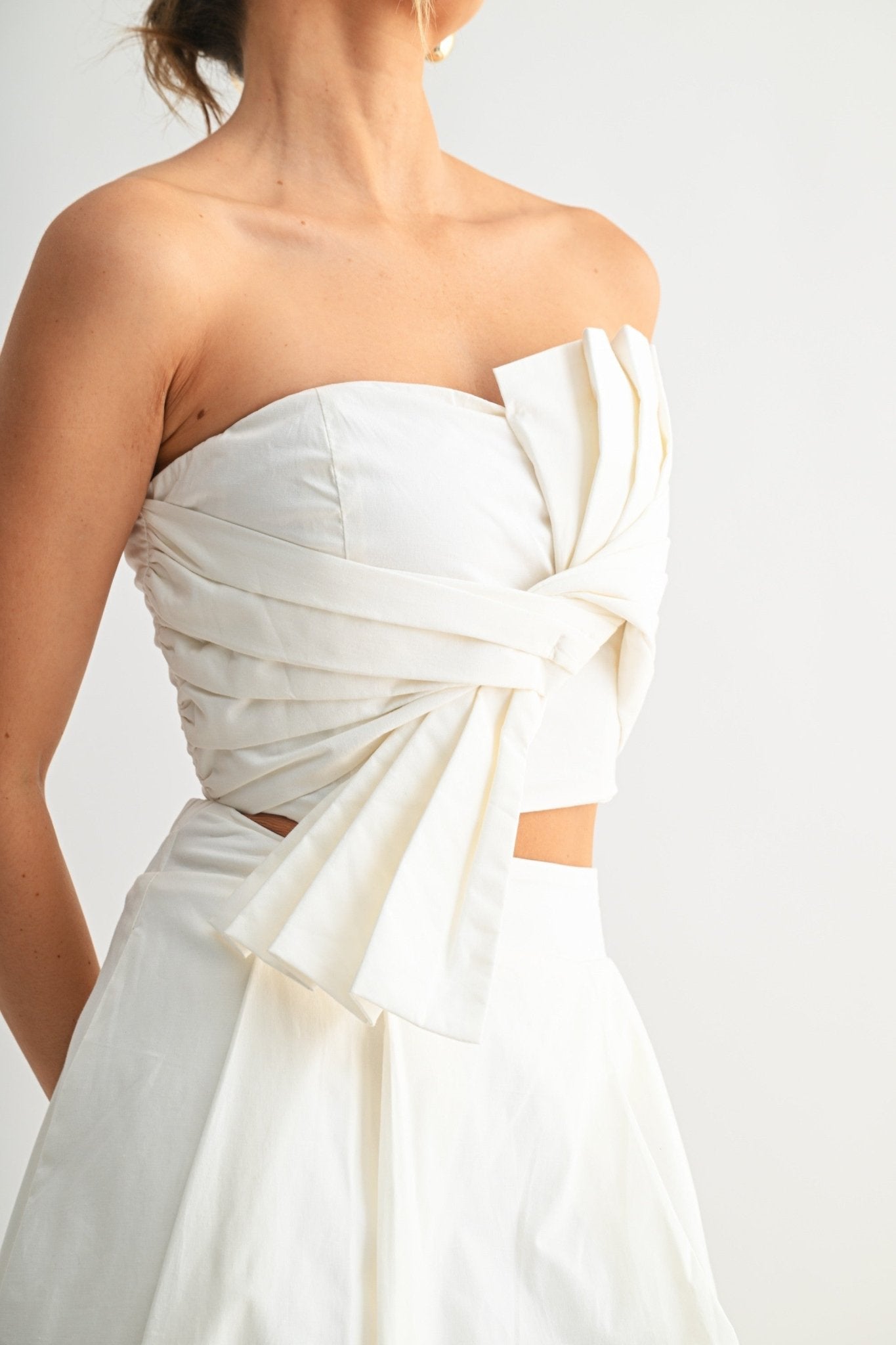 Brown Tied Pleat Crop Set